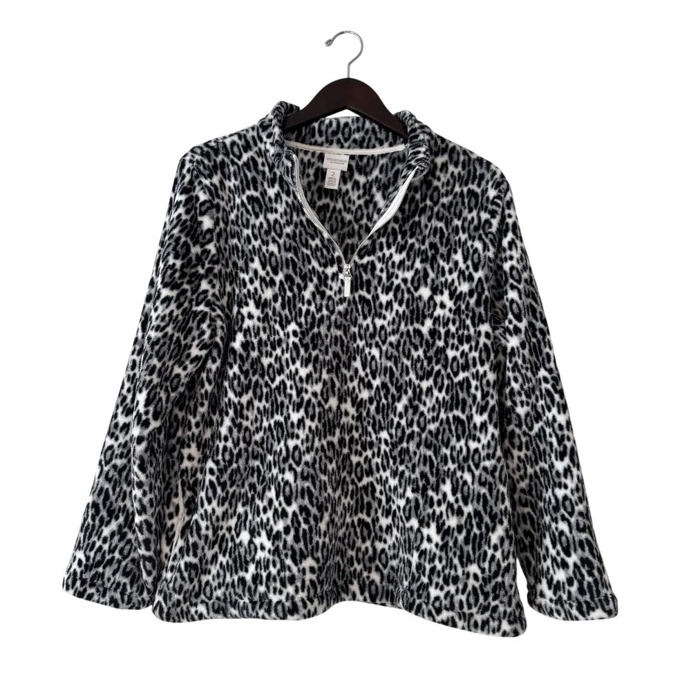 Chico's 2 Weekends Quarter Zip Pullover Womens Large Black White Leopard Fleece